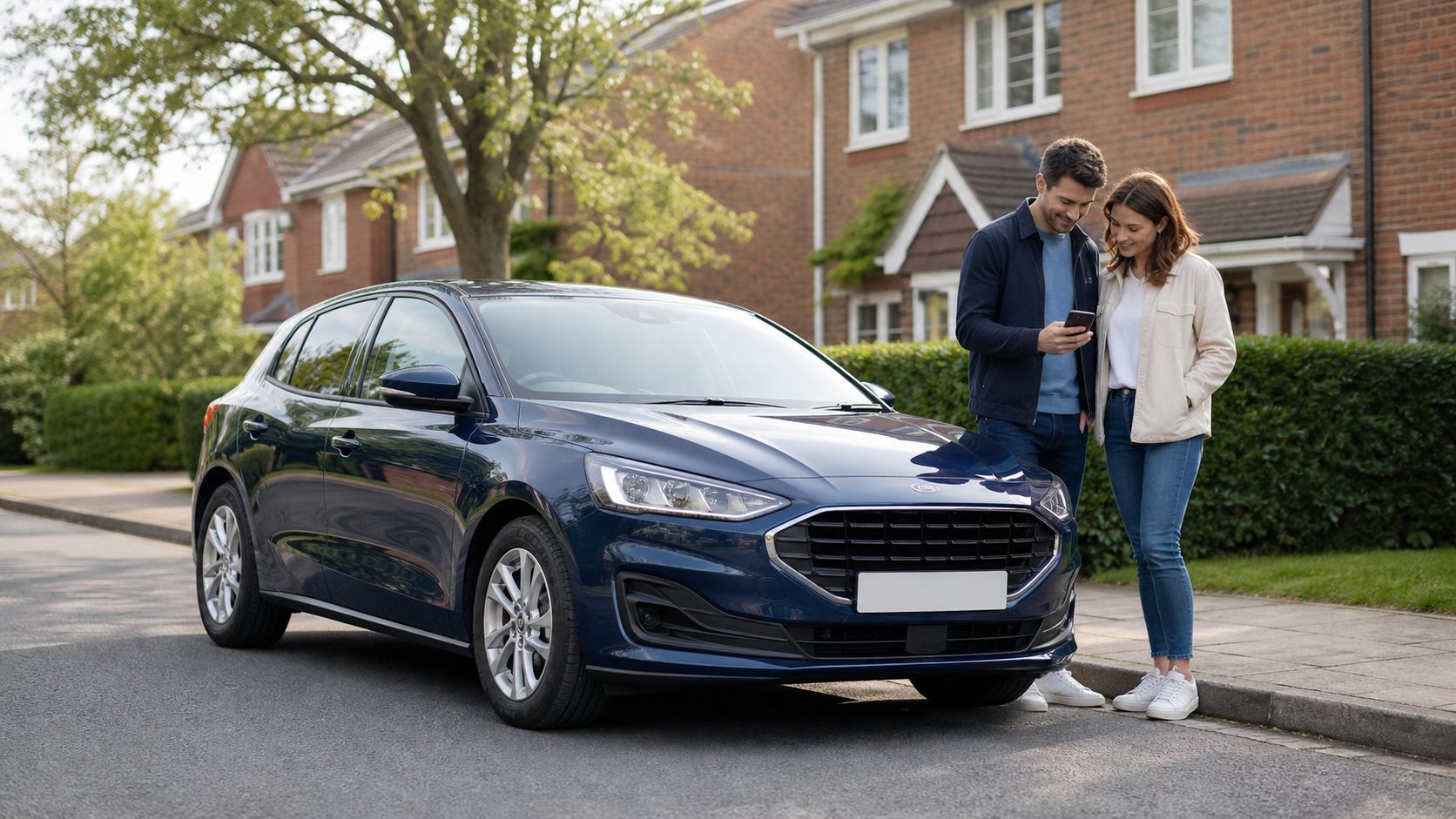 Drivers reviewing car insurance cover beside their vehicle