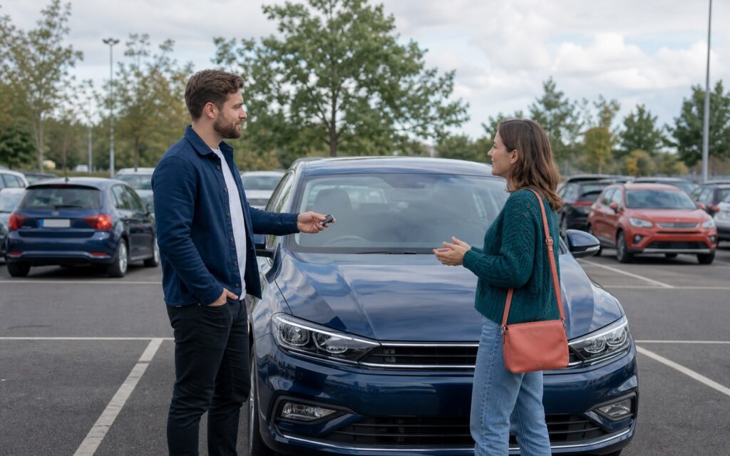 A buyer and seller discussing a test drive beside a car in a public car park